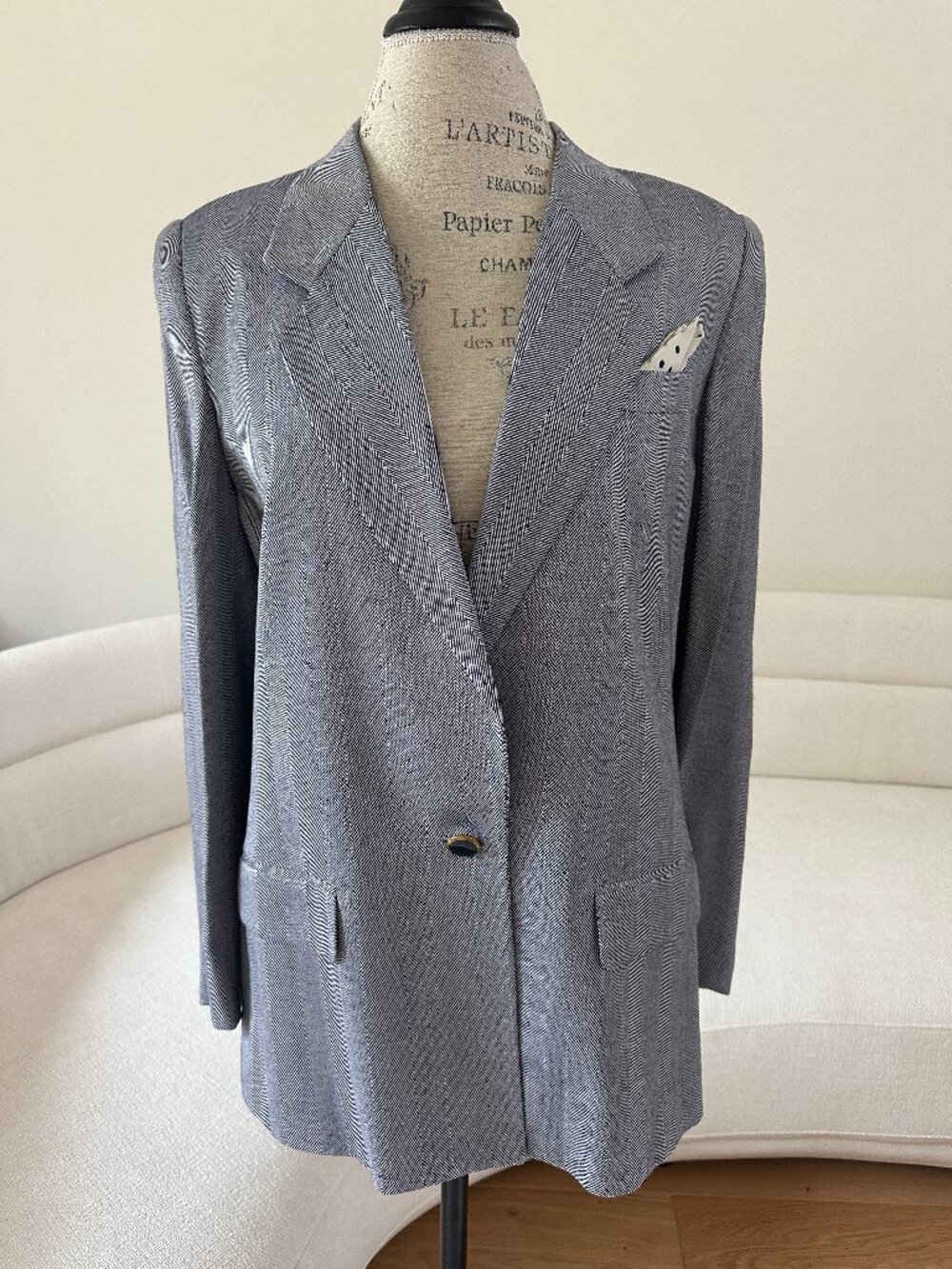 Vintage 90s Worthington Blazer Womens 14 Gray Striped Rayon Oversized Jacket